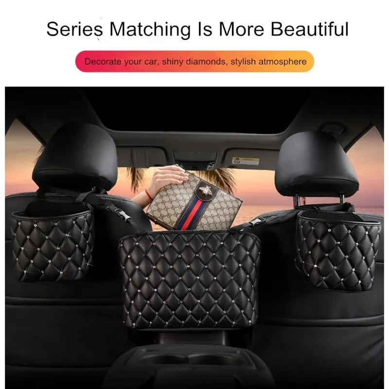 

Female car seat back storage net celebrity diamond car storage garbage bag net bag car multi-function car container stowing tidy