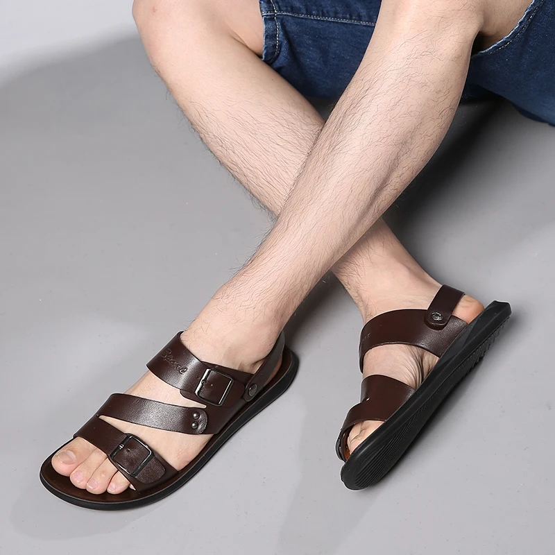 Yomior New Casual Fashion Men Shoes Slip-On Genuine Cow Leather Soft Non-slip Beach Summer Sandals Slippers Flats Flip Flop