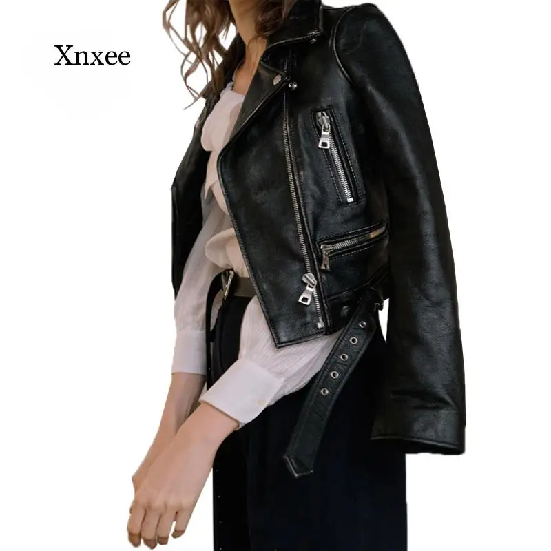 New Women Autumn Winter Black Faux Leather Jackets Zipper Basic Coat Turn-Down Collar Motor Biker Jacket with Belt