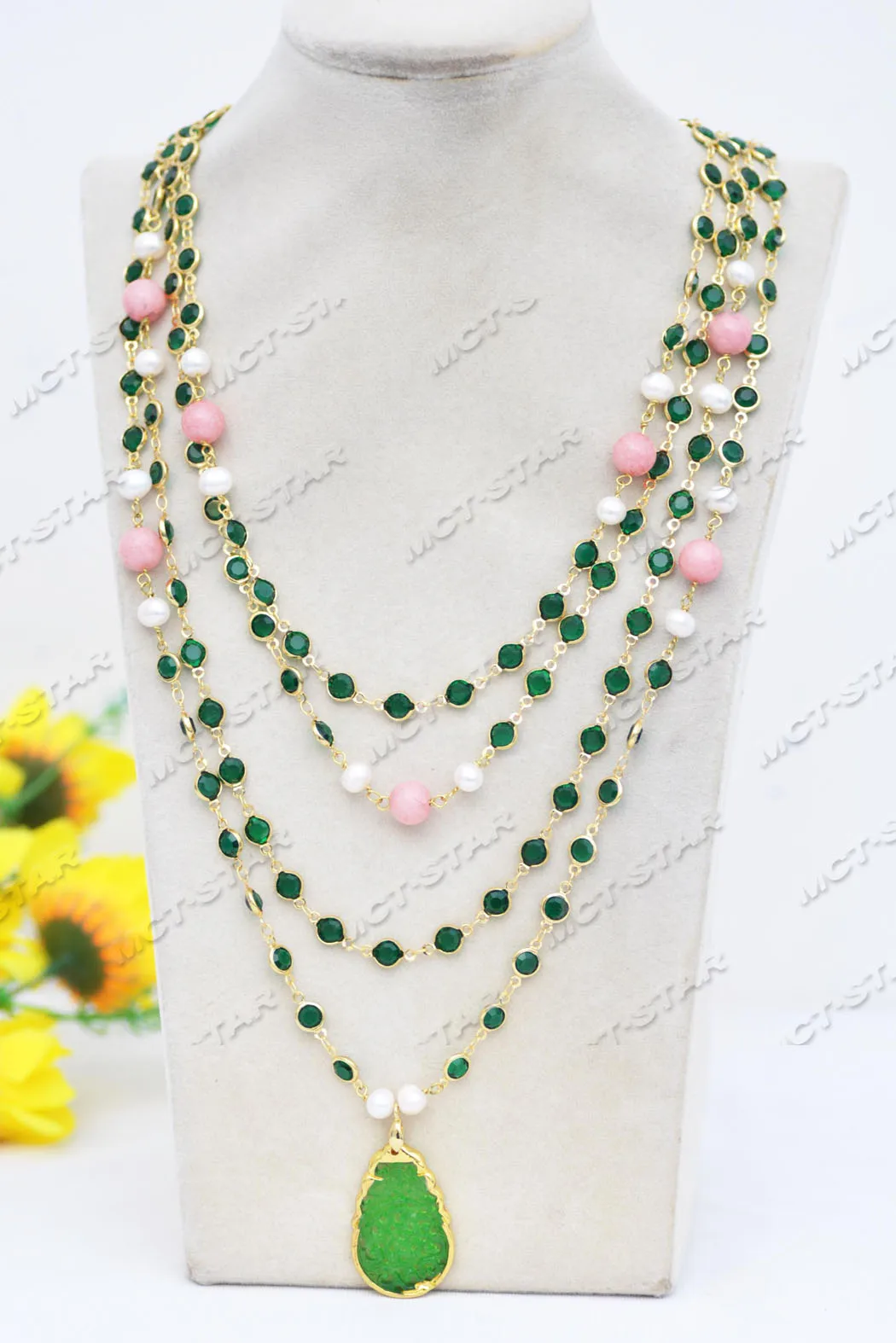 

MCT·STAR Z11754 4Row 26'' White Pearl Green red Crystal Chain Necklace Green Jade Pendant Handmade Vintage Party Style Women Je