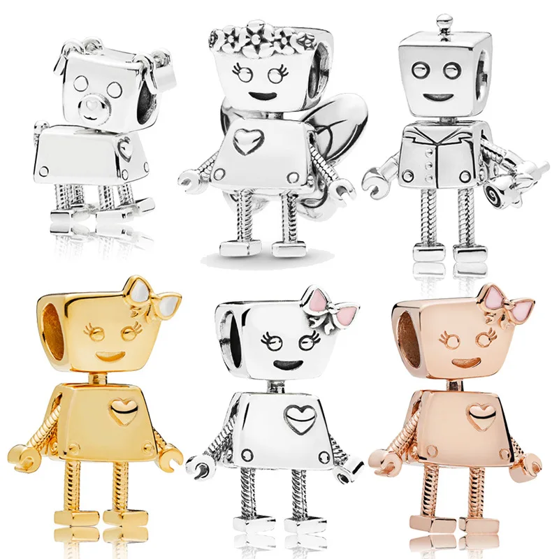 

100% Sterling 925 Silver Robot Dog Flower Fairy Charms fit Pandora Bracelet Bangle Mix Style Robots for DIY Bead Jewelry Making