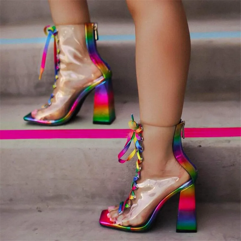 Clear Chunky heels Women Ankle boots Summer Sandals Sexy PVC Transparent Gladiator Sandals Cross Strappy Peep Toe Shoes