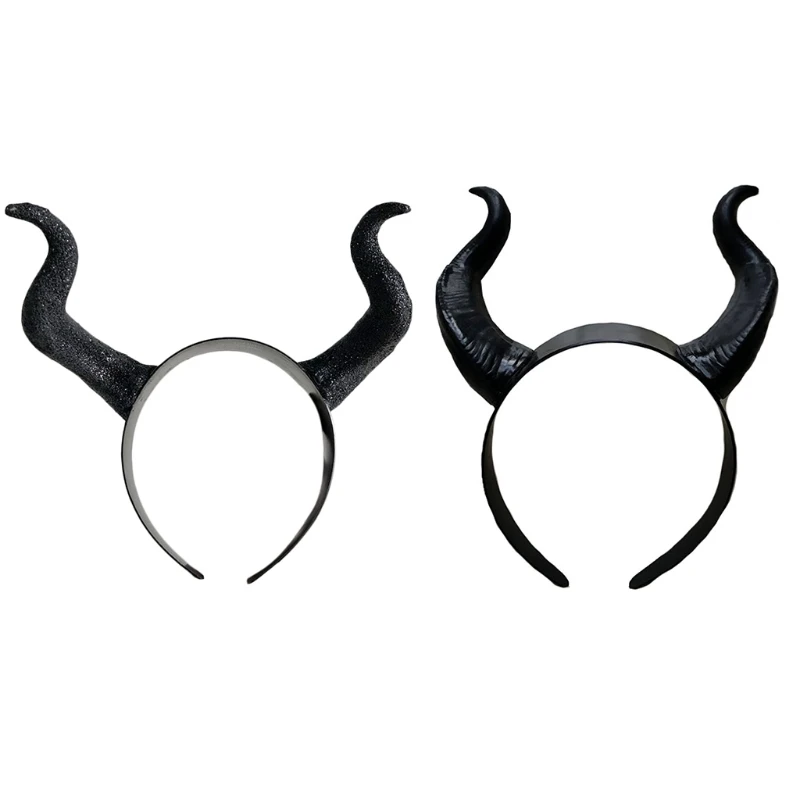 Halloween Witch Black Long Ox Horn Headband Evil Queen Cosplay Glitter Hair Hoop F3MD