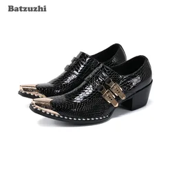Batzuzhi 6.5cm High Heels Men's Shoes Pointed Metal Tip Black Genuine Leather Dress Shoes Men for Business and Party, 38-46