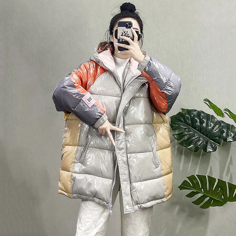 Autumn Winter Coats Ladies Fashion Shiny Cotton Coat Loose Bread Clothing Jackets Hooded Contrasting Color Cotton Clothing Women