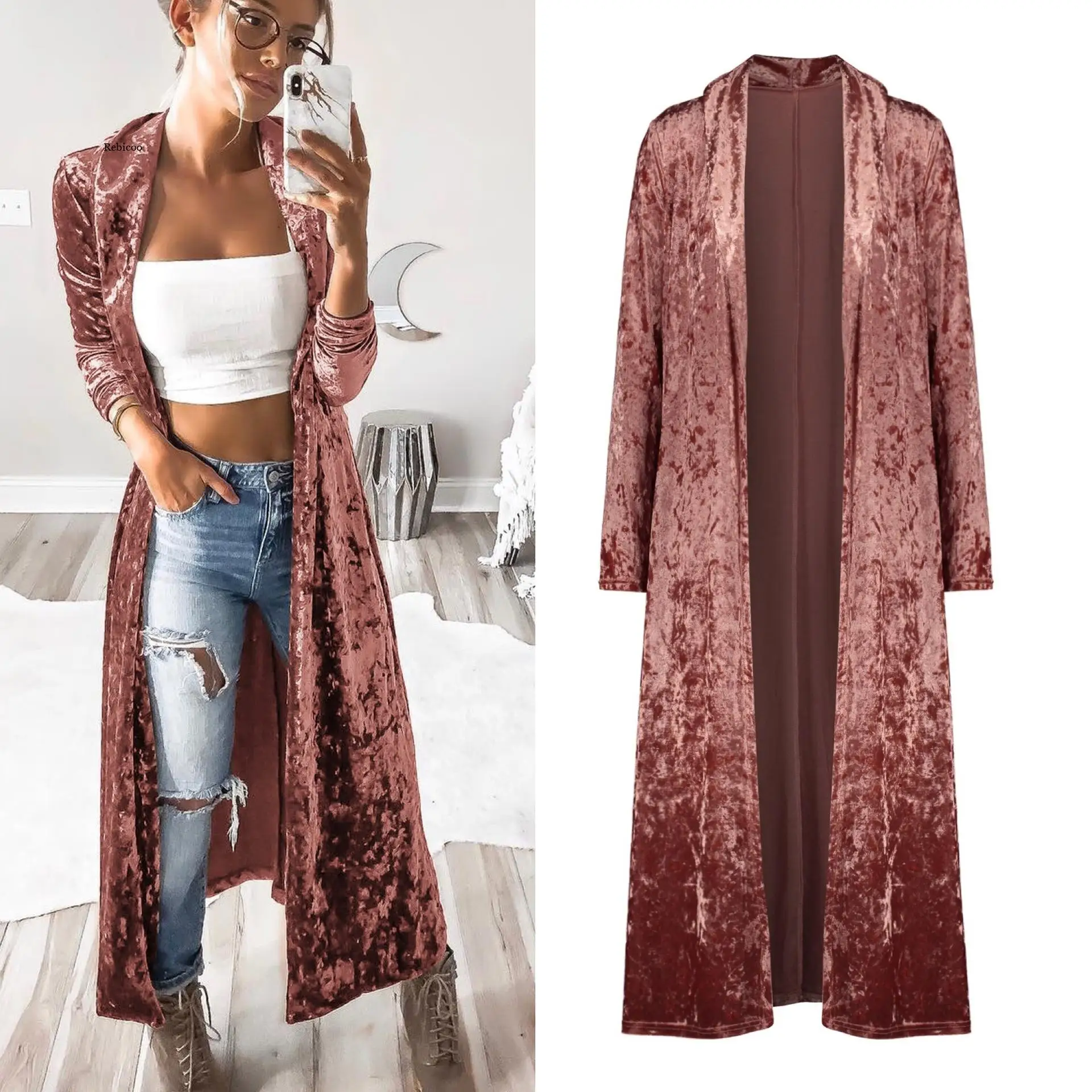 

Women Coat Elegant Velvet Trench Fashion Open Stitch Dovetail Casaco Feminino Office Lady Velvet Duster Blazer Autumn Winter