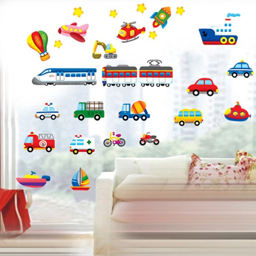 So Funny Cartoon Cars Vehicle Vinyl Wall Stickers for Home Nursery Kids Room Boy Bedroom Decoration Baby Puzzle Anime Poster