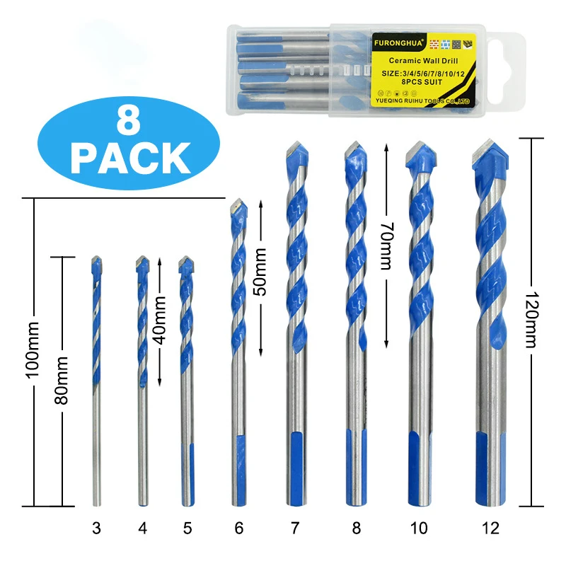 Multifunction Hard Alloy Drill Bits for Glass, Ceramic Tiles, Concrete, Metal, Etc. Drilling 3 4 5 6 7 8 10 12mm Drill Bit Set