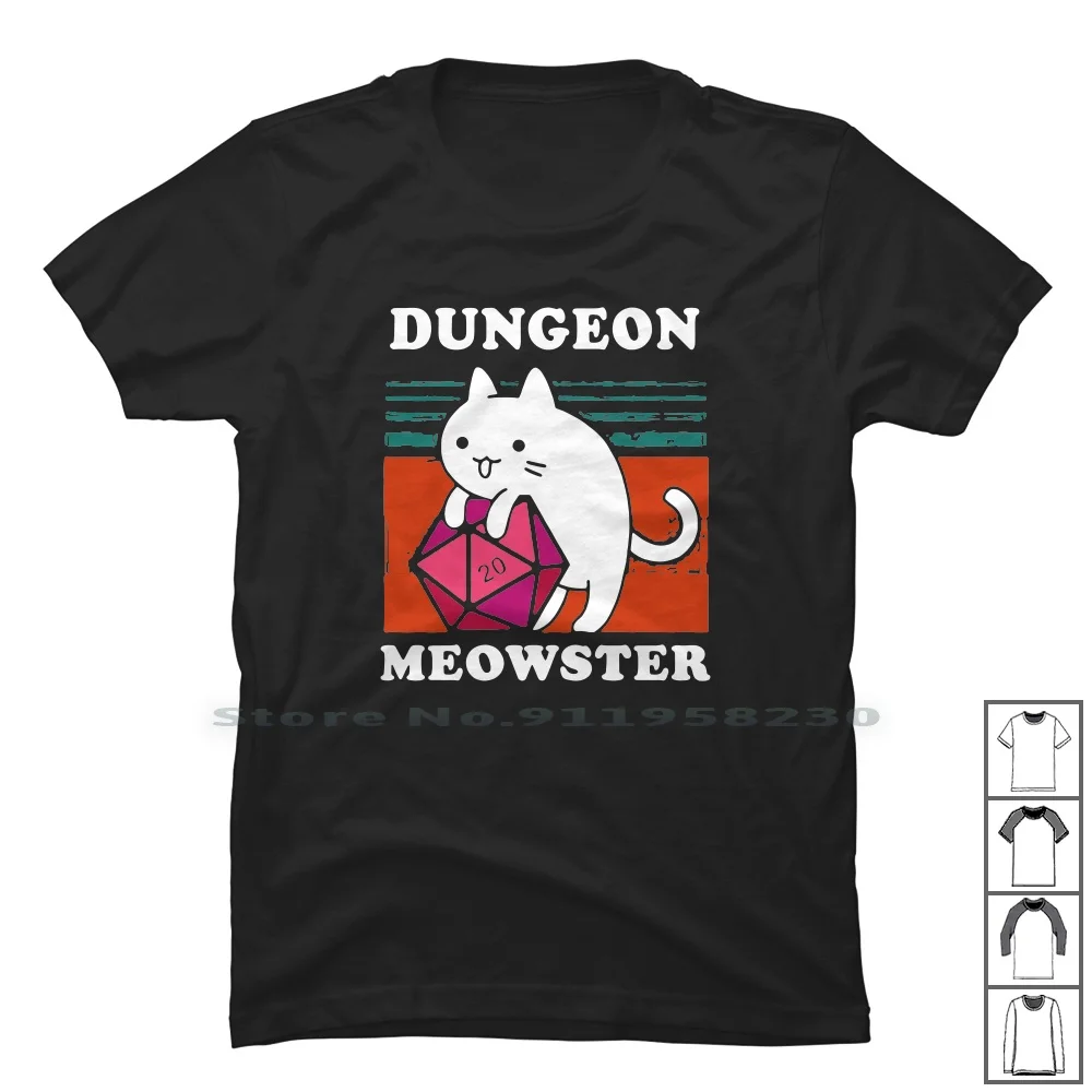 Meowster Tee Funny Gamer Cat Dnd Tabletop D20 Men Long Sleeve T Shirt 100% Cotton Tablet Table Gamer Dung Meow Game Long Eve