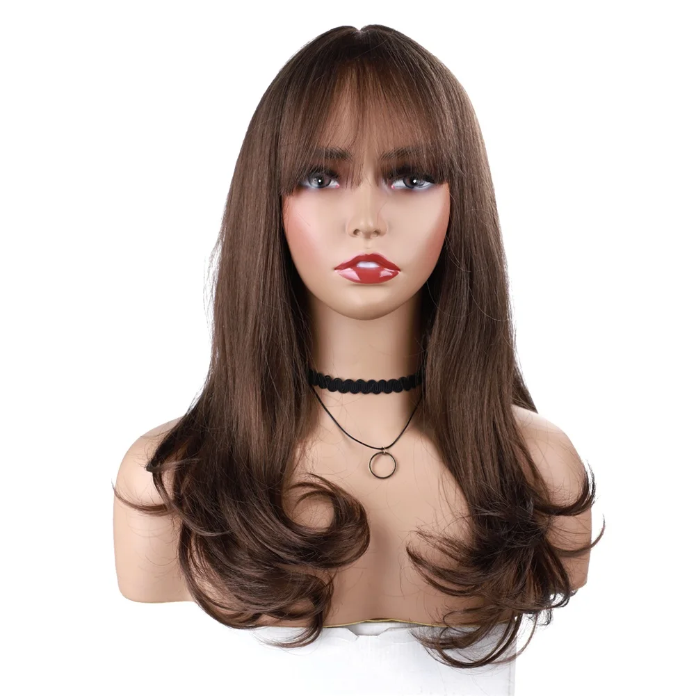 18 Inch Long Wavy Synthetic Wig With Side Bangs Brown