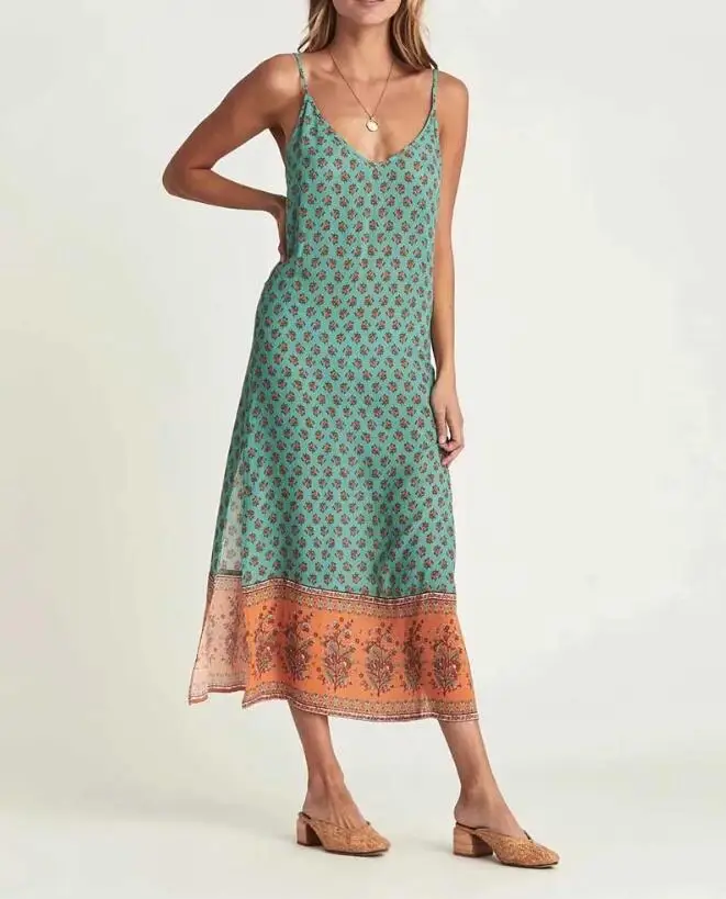 2020 Bohemian strappy long V neck Floral print BOHO Dress Summer Holiday Woman Side Slit Spaghetti Strap Dresses Sling Vestidos