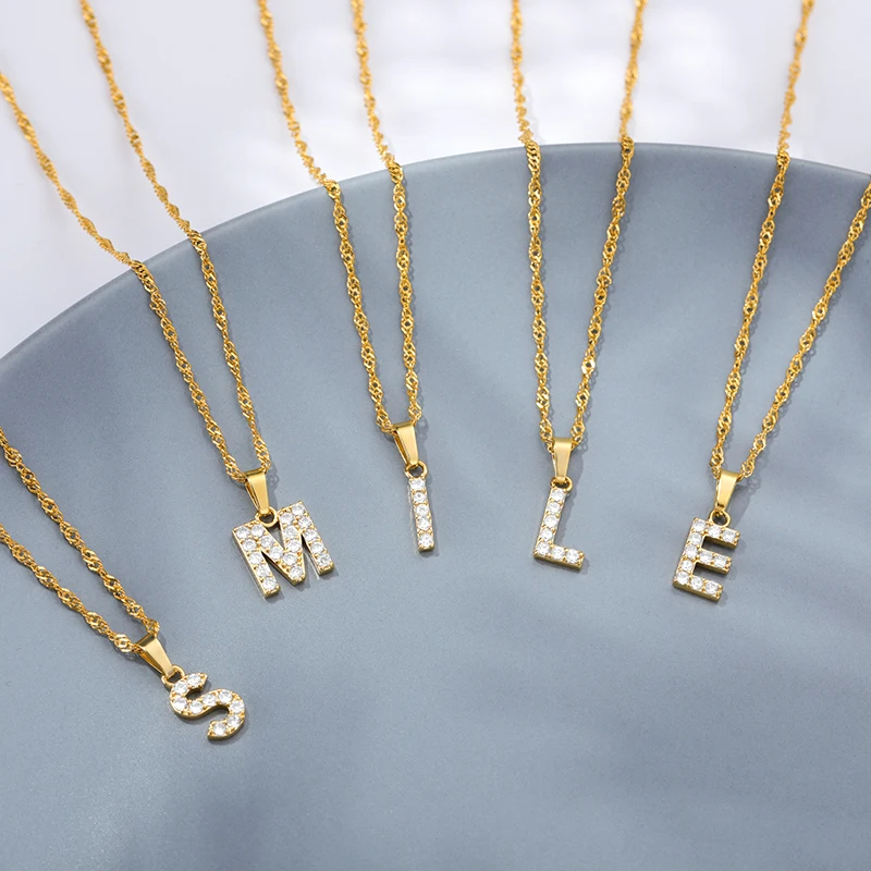 Exquisite Zircon Letters Initial Necklace For Women Men Water Wave Chain A-Z Alphabet Pendant Necklace Couple Jewelry Gifts