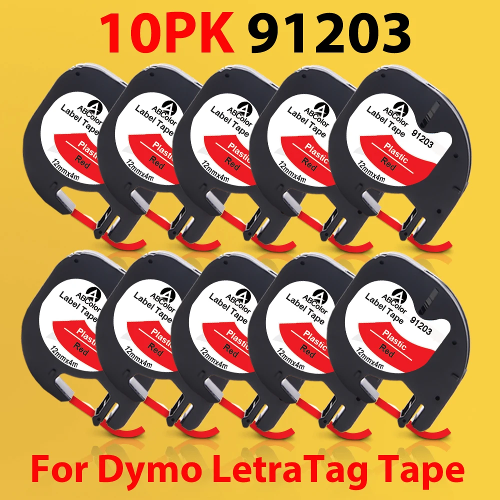 A ABColor 10PK 91203 Tapes Compatible for Dymo Letratag 91223 91333 LT 91203 Black on Red Printer Ribbon For Dymo LT-100H LT100H