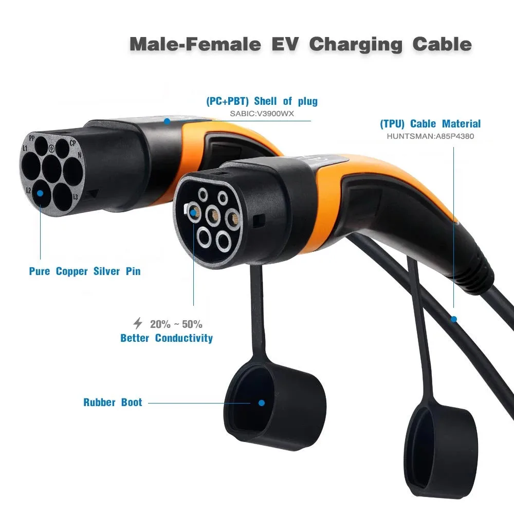 32A EV Charger Cable 22KW Type 2 to Type 2 IEC 62196 EV Charging Plug With 5 Meter Spiral cable TUV/UL Mennekes 2 Connector