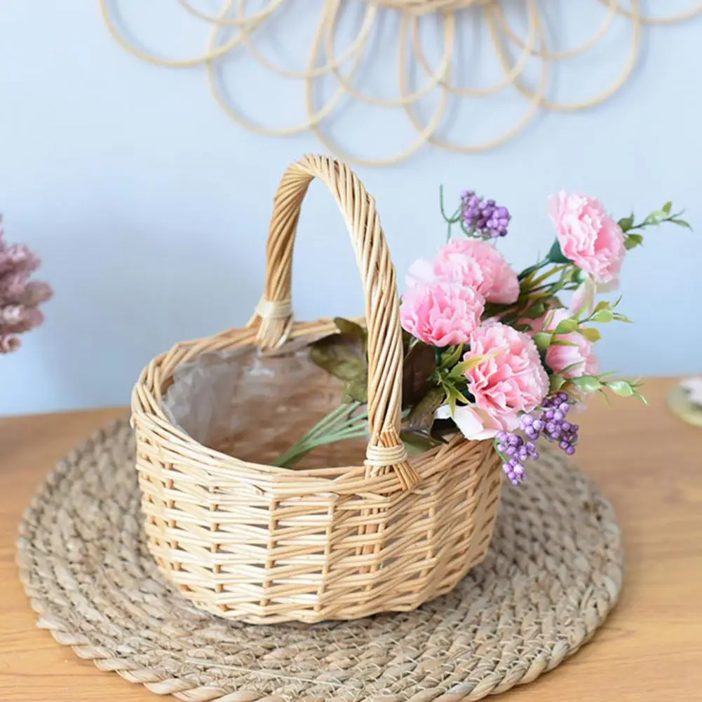 Hot Rattan Children\'s Portable Small Basket Flower Arrangement Green Plants Fruit Shopping Basket Picnic Wedding Flower Basket