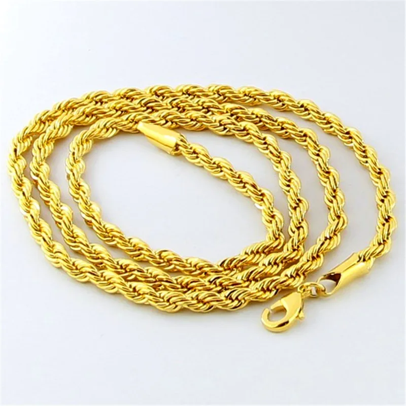 Hip Hop plated 24K Gold Necklace 4MM Twisted Rope Twist Electroplating Gold Necklace for Men & Women Wedding Jewelry Gifts