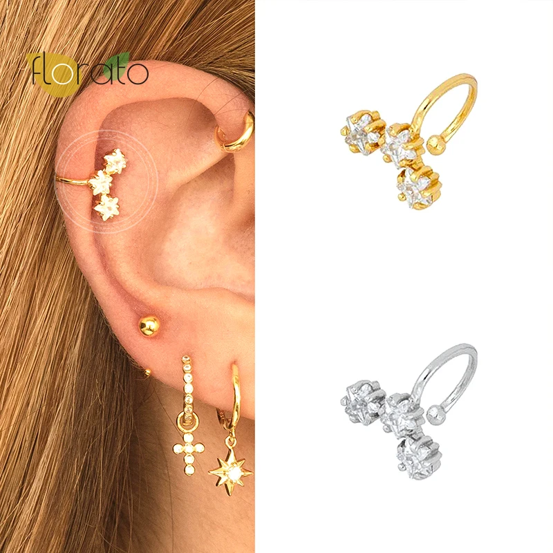 925 Sterling Silver Ear Cuff For Women Charming Flowers Zircon Clip On Earrings Gold Ear Cuff Without Piercing Earrings Jewelry