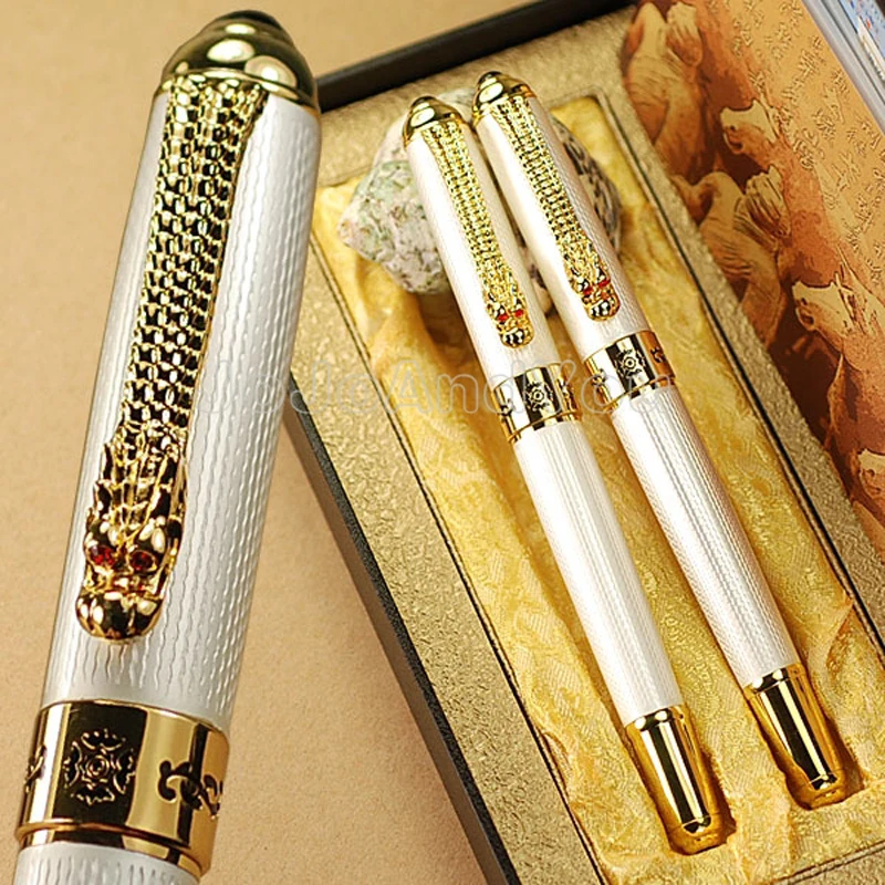 Jinhao Classic Dragon Clip Fountain Pen & Rolllerball Pen Metal Writing Signature Pen White Color Business With Gift Box