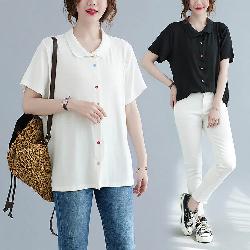 

150Kg bust 150cm women's summer loose lapel color button short-sleeved shirt 6XL 7XL 8XL 9XL sweet shirt black white