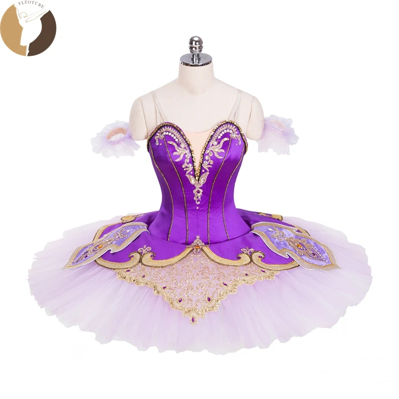 FLTOTURE Adult Women Classical Ballet Pancake Tutu Satin Fabric Sweet Lilac Princess Professional Stage Costume Purple Tutus 12