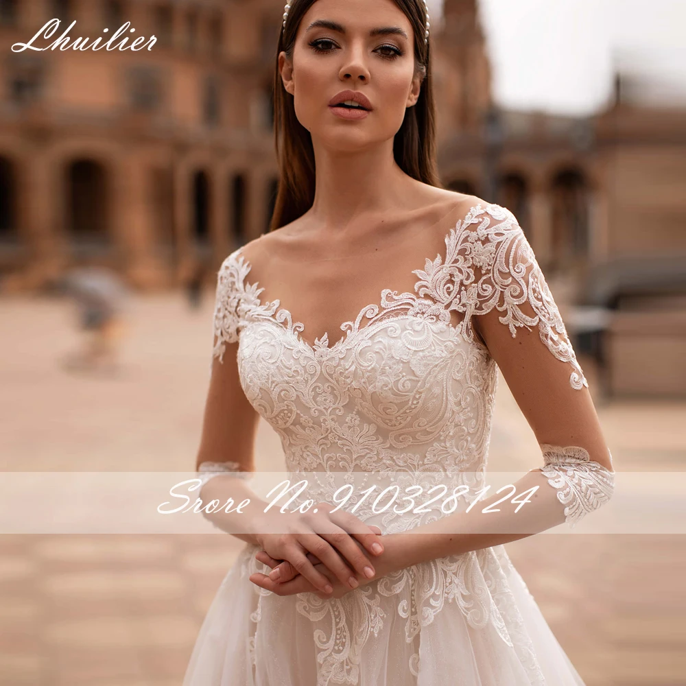 Lhuilier-vestidos de novia de tul con media manga y cuello redondo, vestido de novia elegante, corte en A, con apliques de encaje, longitud hasta el suelo