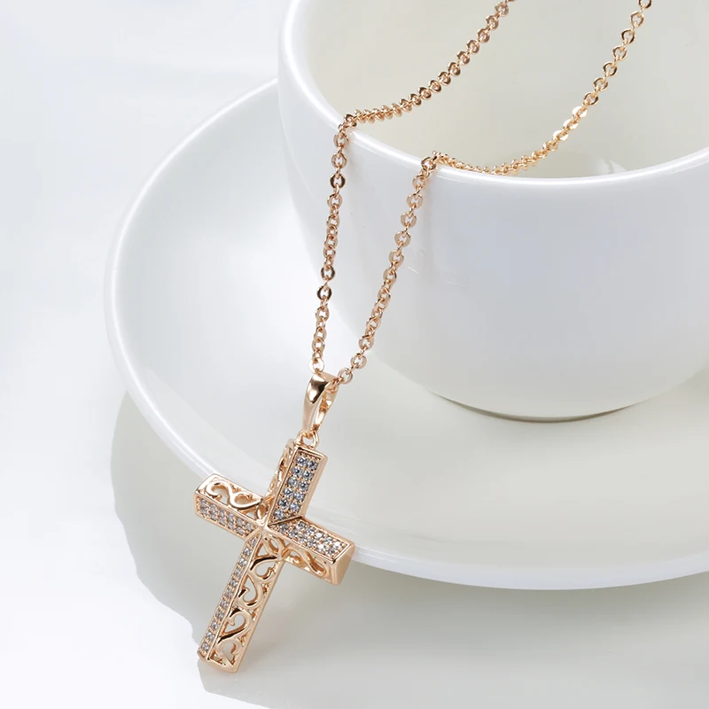 Kinel Exquisite Cross Necklaces 585 Rose Gold Micro Wax Inlay Natural Zircon Hollow Flower Necklaces For Women Vintage Jewelry