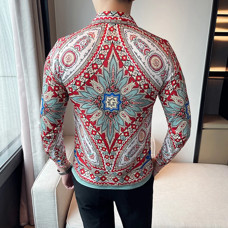 Men\'s Ethnic Floral Shirts Dress Casual Long Sleeved Slim Fit Royal Banquet Blouse Men Autumn Prom Party Camisas Para Hombre