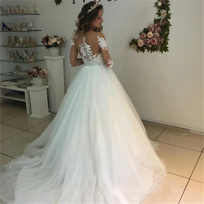 Vestidos de novia de manga larga con escote redondo, apliques de encaje, espalda transparente, Blanco/Marfil, 2023