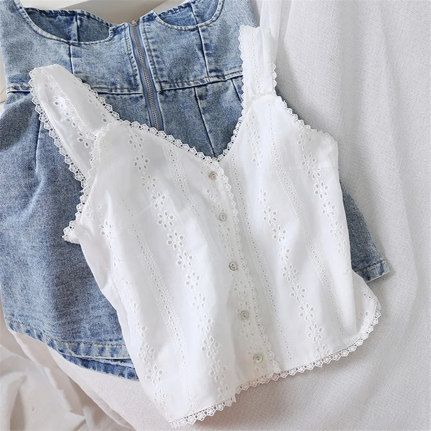 

New Spring Big Size Women Cotton Vest Solid Lace Tank Summer Outfits Lady White Tanks Sweety Girl Crop Tops Bottomings WZ1167