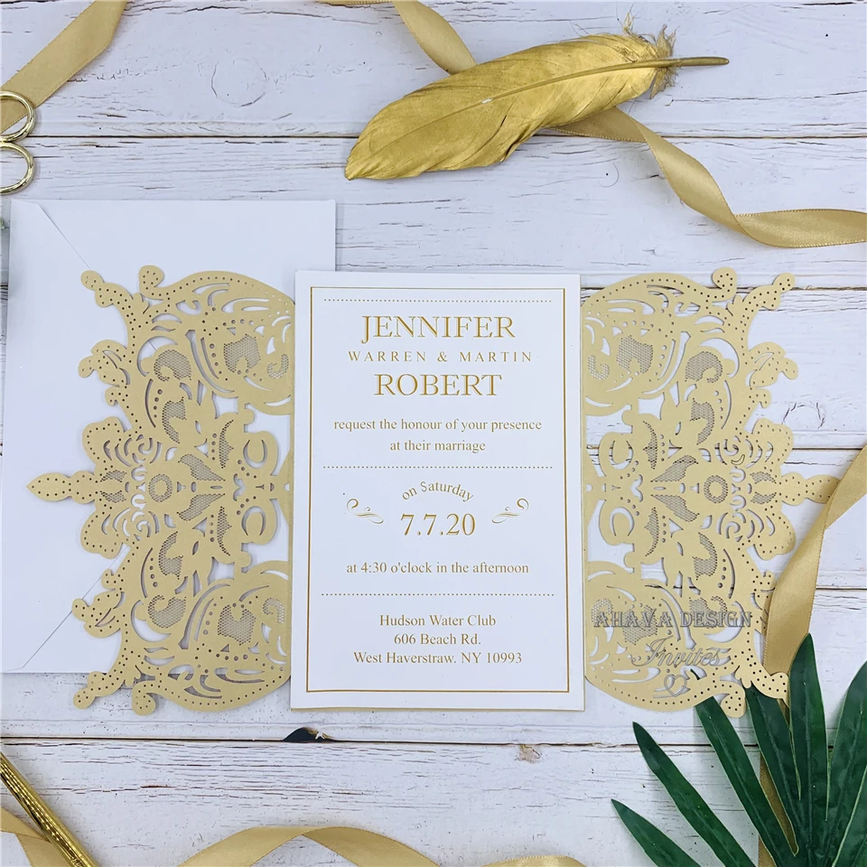 Shimmery Gold Laser Cut Pocket with Customized Insert, Personalized Invites With Bowtie