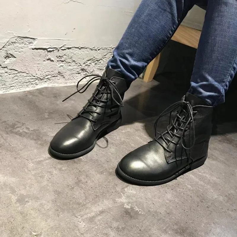 Ankle Boots For Women Genuine Leather Shoes Lace Up Black Mom Women Shoes Round Toe Keep Warm Lady Street Style Martin Boots