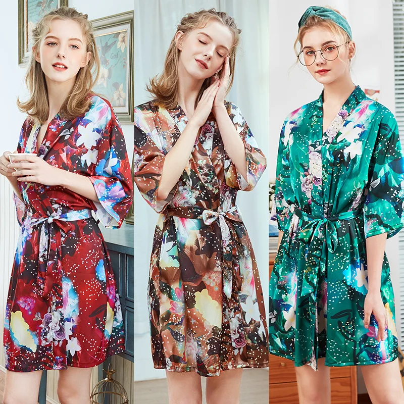 

Silk Robe Ladies Spring And Summer Sleeves Of Large Size Robe Bathrobe Home Wear Bathrobe Lounge Negligee Casual Home Clothing