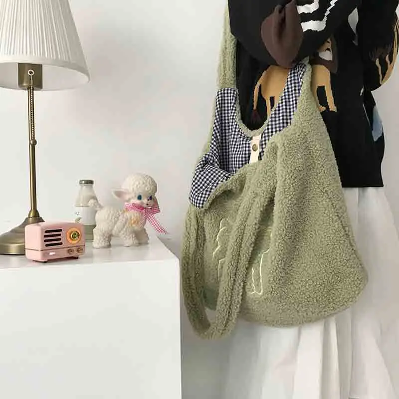 Women Lamb Like Fabric Shoulder Tote Bag Simple Canvas Fluffy Handbags Large Capacity Soft Shopping Bags Girls Cute School Bag