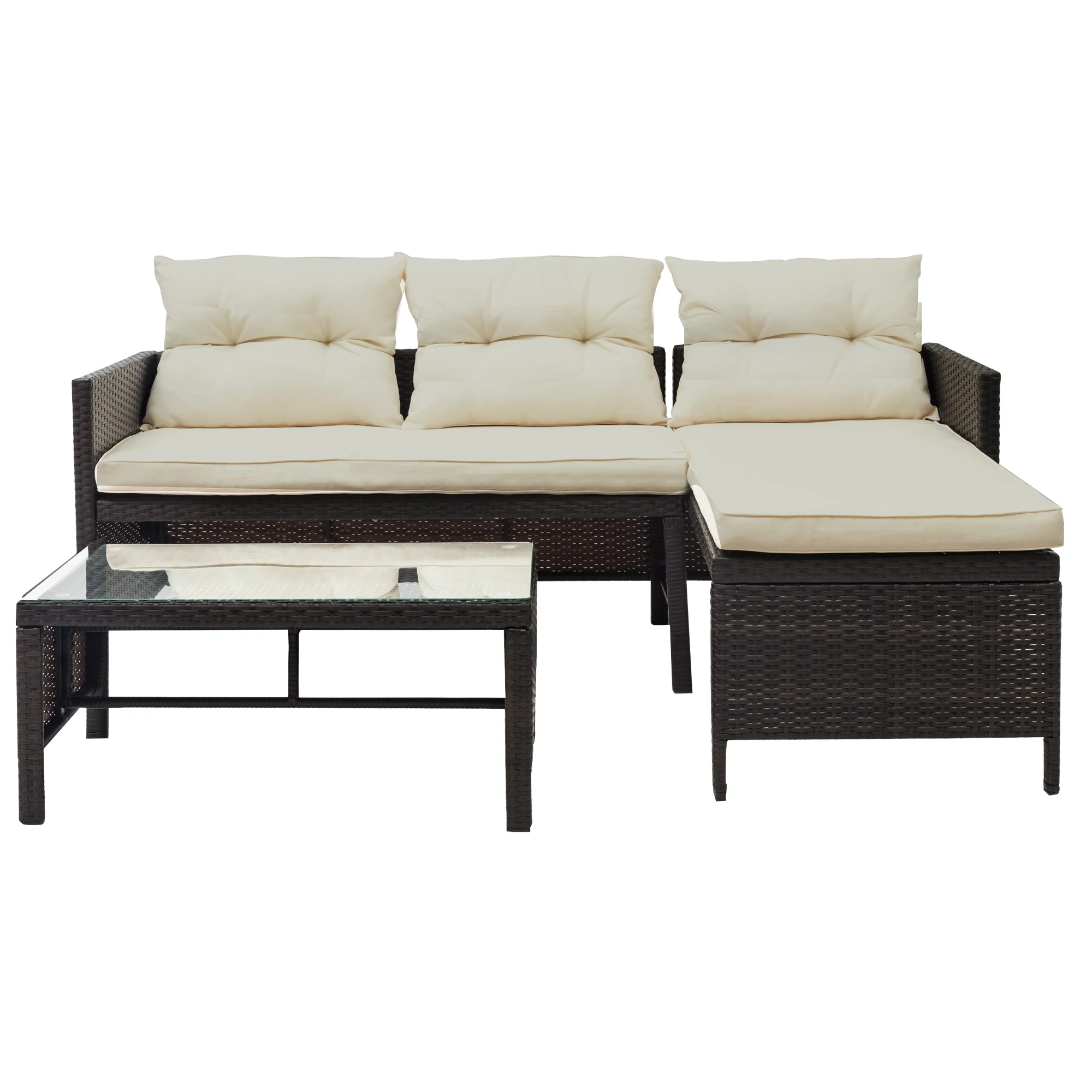 3 PCS Outdoor Patio Rattan Furniture Set Include 1 Sofa 1 Lounge 1 Coffee Table with Beige Cushions[US-Depot]