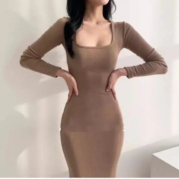 

2022 new feminine stretch solid color slim dress with square neckline exposed clavicle split fork bag hip