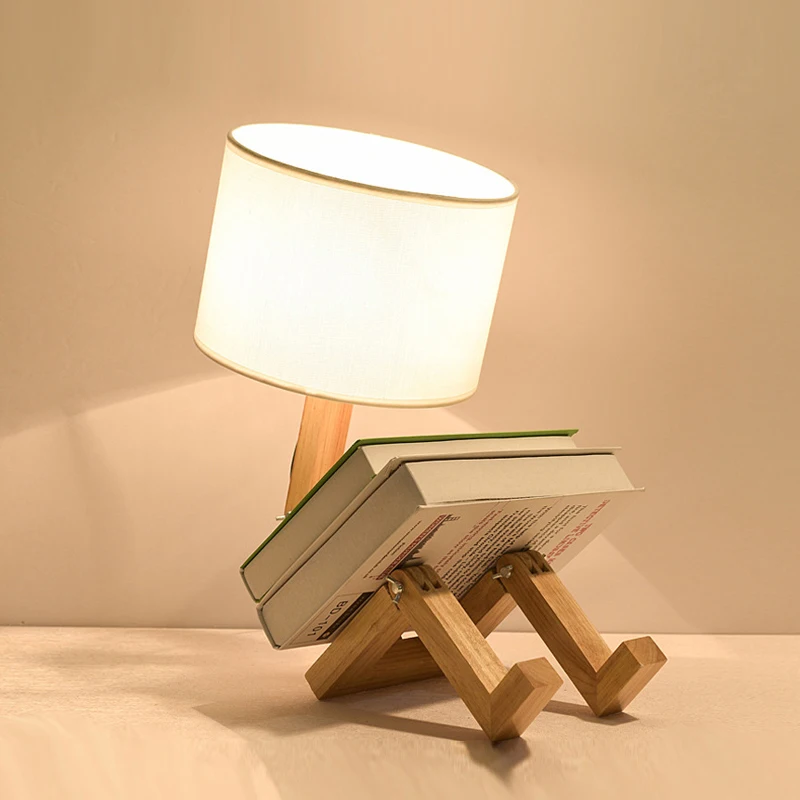 

Modern Wooden Robot DIY Desk Lamp Cloth Lampshade Table Lights Art Wood Lamps for Bedroom Bedside Study Foyer Lighting Fixtures