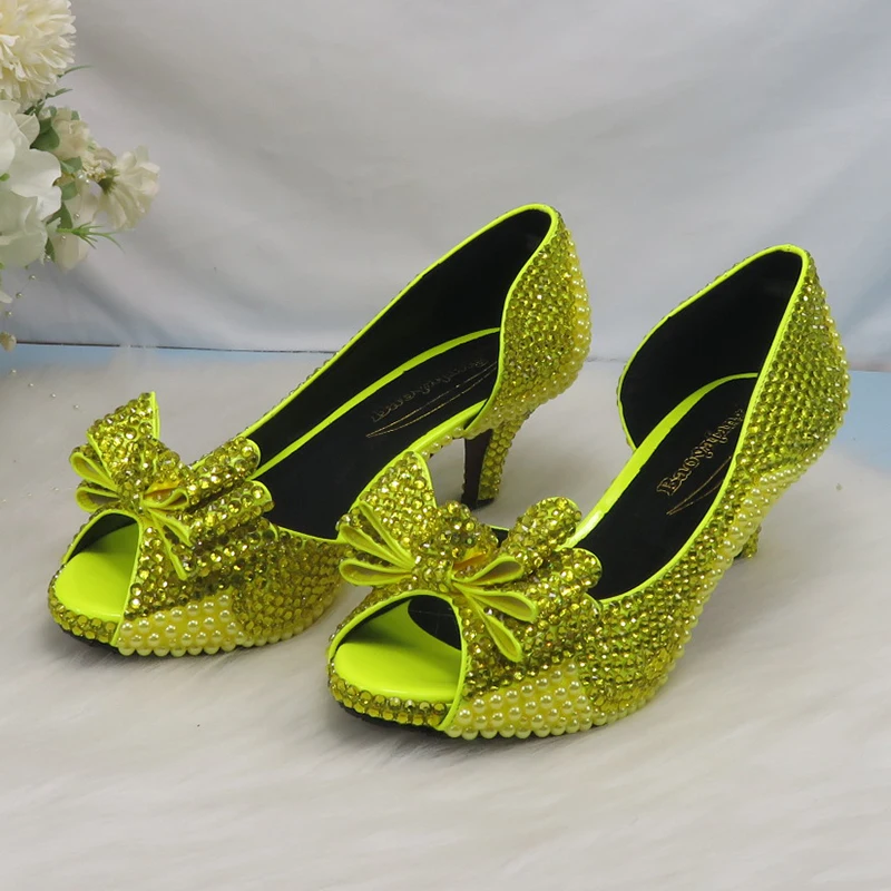 2022 New arrival Lemon Yellow Crystal Women wedding shoes and matching bags Peep toe High Pumps fashion Open Toe shoes and Purse