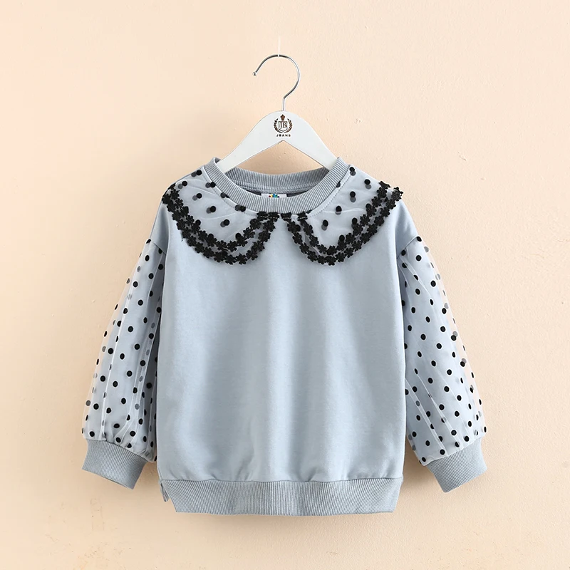 Spring Autumn Fashion 2 3 4 5 6 8 9 10 11 12 Years Children Outwear Cotton Dot Lace Sleeve Patchwork Kids Baby Girls Sweatshirt