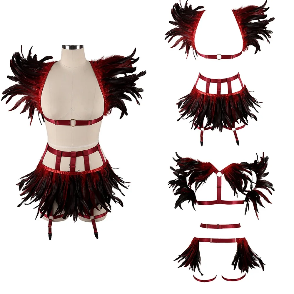 

Strappy Harness Bra And Feathers Skirt For Women Fashion Sexy Cage Bondage Lingerie Punk Gothic Costume Dance Festival Rave Wear