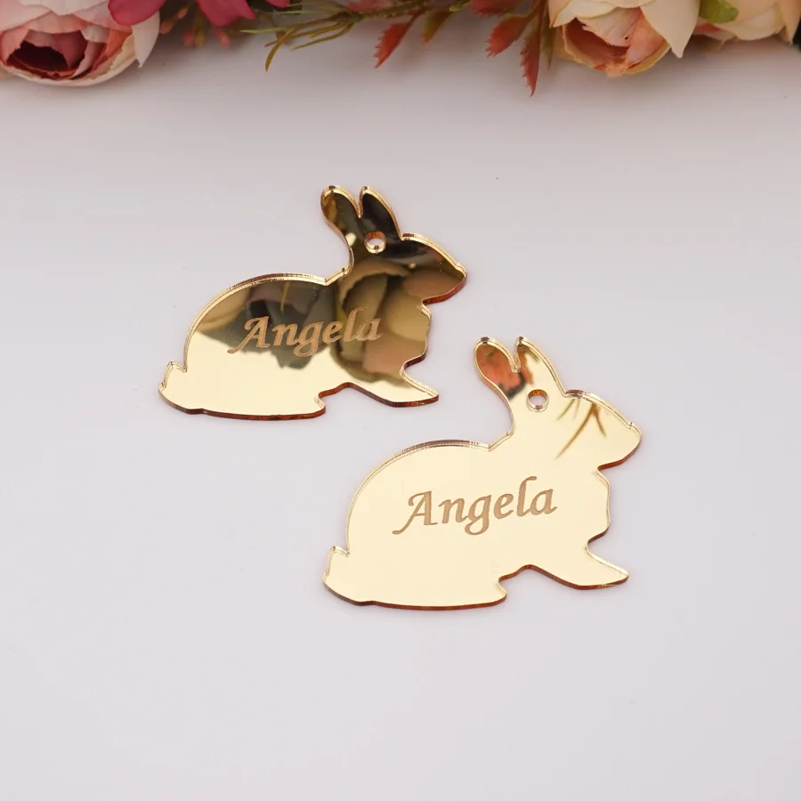 5cm Personalized Children Birthday Acrylic Mirror Rabbit Bridal Shower Gift Custom Banquet Dinner Hanging Tags Party Favors