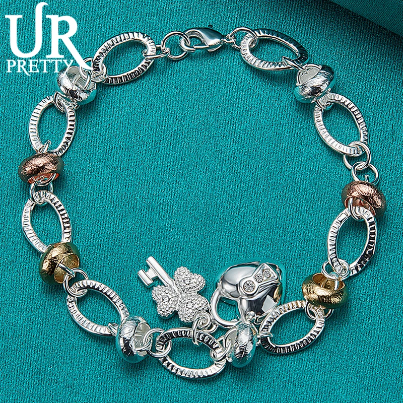 

URPRETTY 925 Sterling Silver Love Key Oval Circle Chain Bracelet For Women Wedding Engagement Charm Jewelry