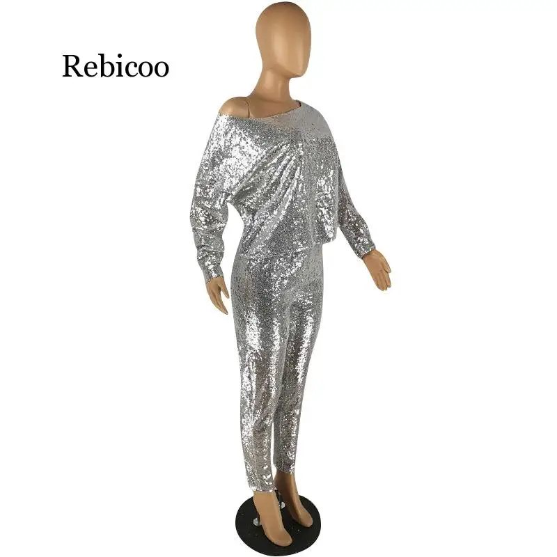 Conjunto de camiseta de manga larga con lentejuelas y pantalón brillante para mujer