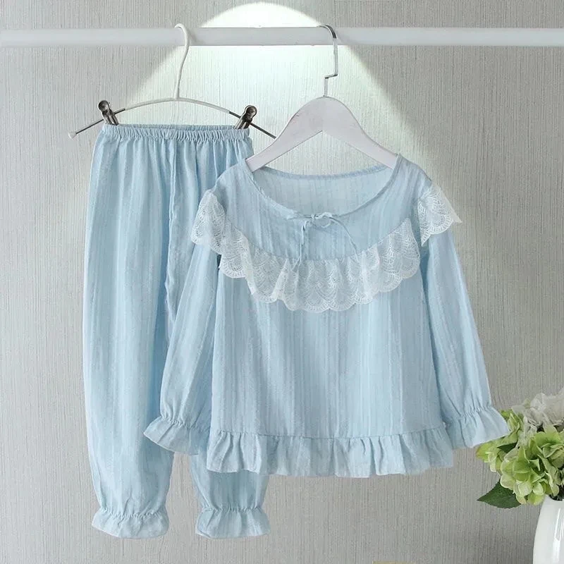 Cotton Linen Breathable Baby Girl Pajamas Lace Princess Style Tops Pant Set Children Two-Piece Set Infant Long Sleeved Sleepwear