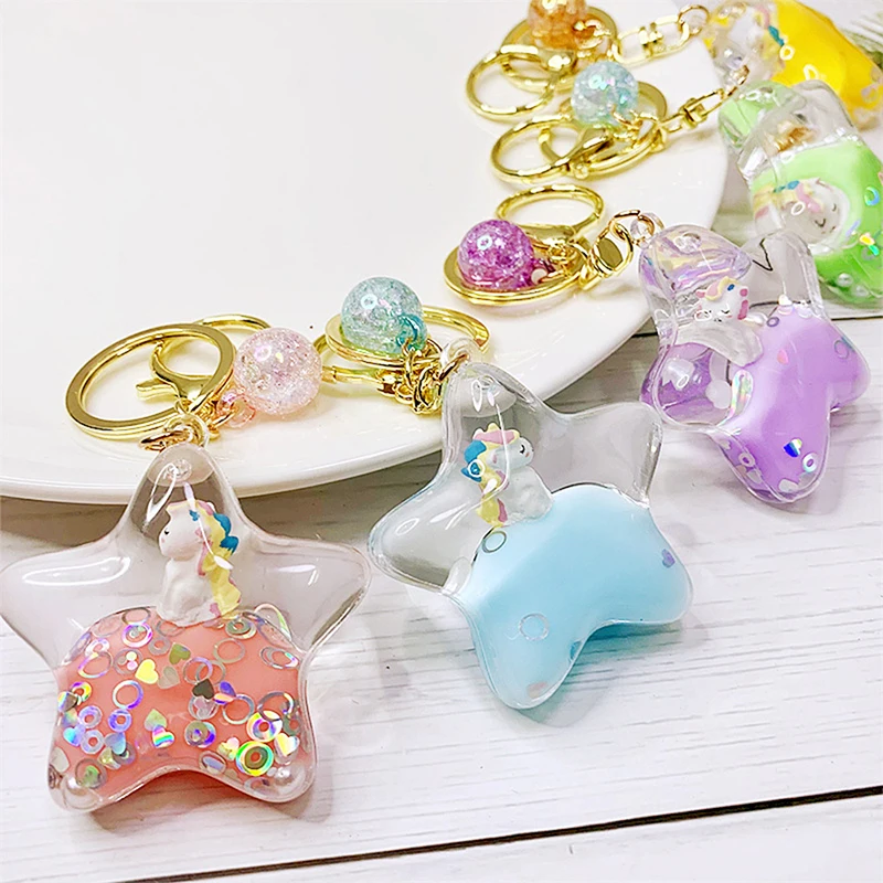 Cartoon Cute Unicorn Keychain Milk Tea Cup Liquid Quicksand Sequin Keyring Charm Bag Car Pendant Key Chain for Women Men Kids