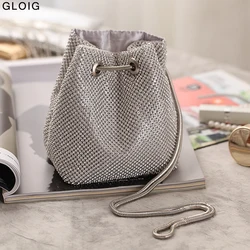 Bucket Shaped Women Evening Bags Diamonds Soft Silver Chain Shoulder Clutch Rhinestones Party Wedding Handbags