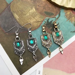 Vintage Rhinestone Dangle Earrings Geometric Alloy Green Triangle Pendant Charm Jewelry For Women