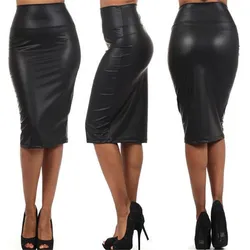 YRRETY-saia de couro preto para mulheres, divisão traseira, bodycon sexy, clubwear de cintura alta, lápis de escritório longo vintage, roupas para quadril