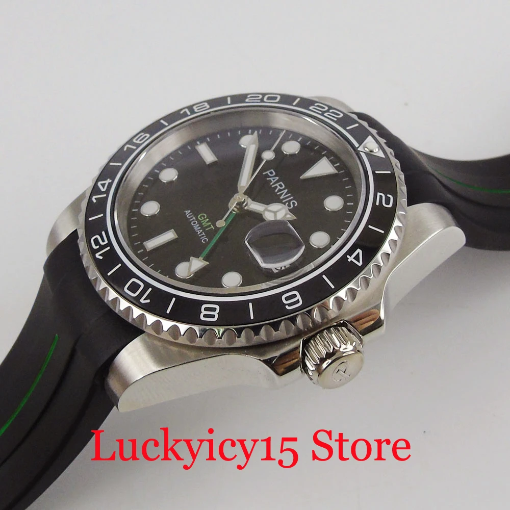 PARNIS Luxury GMT 40mm Self Winding Men Watch Sapphire Glass Rubber Band Rotating Bezel