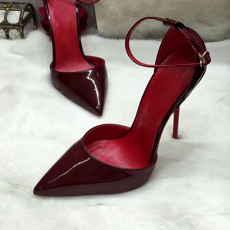 Two Pieces Style Patent Leather Pointy Toe Elegant Thin High Heels Women Sandals Shoes