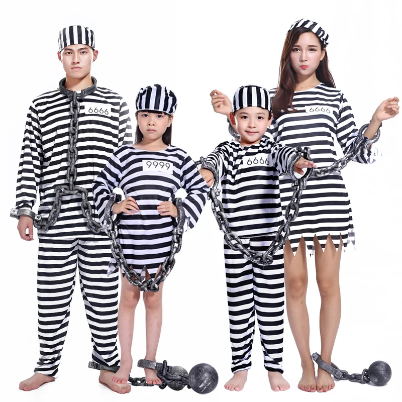 Carnival Party Halloween Cosplay Prisoner Costume for Men Women Kids Child Family Violent Prisoner Costumes Fancy Dresses Set